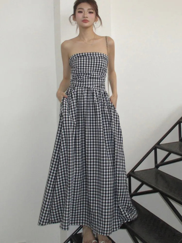 Vestidos midi casuales sin tirantes para mujer, a rayas, sin mangas, corte en A, estilo coreano, elegante, para fiesta de verano, nuevos vestidos para mujer