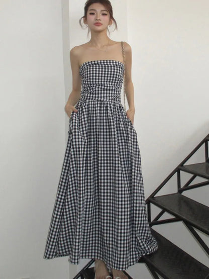 Vestidos midi casuales sin tirantes para mujer, a rayas, sin mangas, corte en A, estilo coreano, elegante, para fiesta de verano, nuevos vestidos para mujer