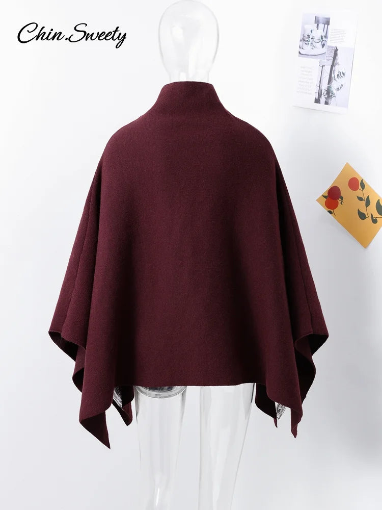 Suéter tipo capa burdeos holgado para mujer, tejido de cuello alto, manga raglán, prendas de vestir asimétricas para otoño