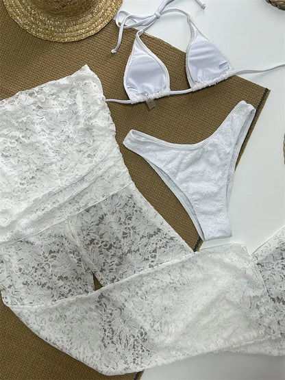 Conjunto de 3 piezas de verano para mujer, traje de baño sexy con escote en V, top transparente con espalda descubierta y pantalones estampados.