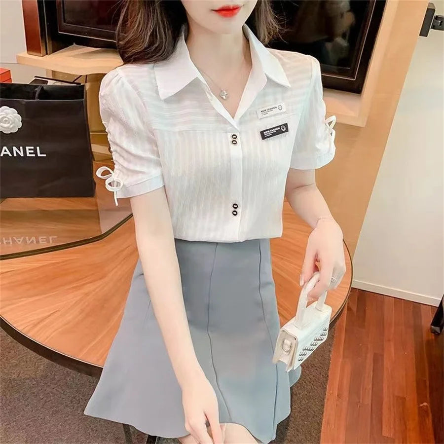 Woman Summer Style Blouses Shirts Lady Casual Short Sleeve Turn-down Collar Solid Color Blusas Tops DF4392