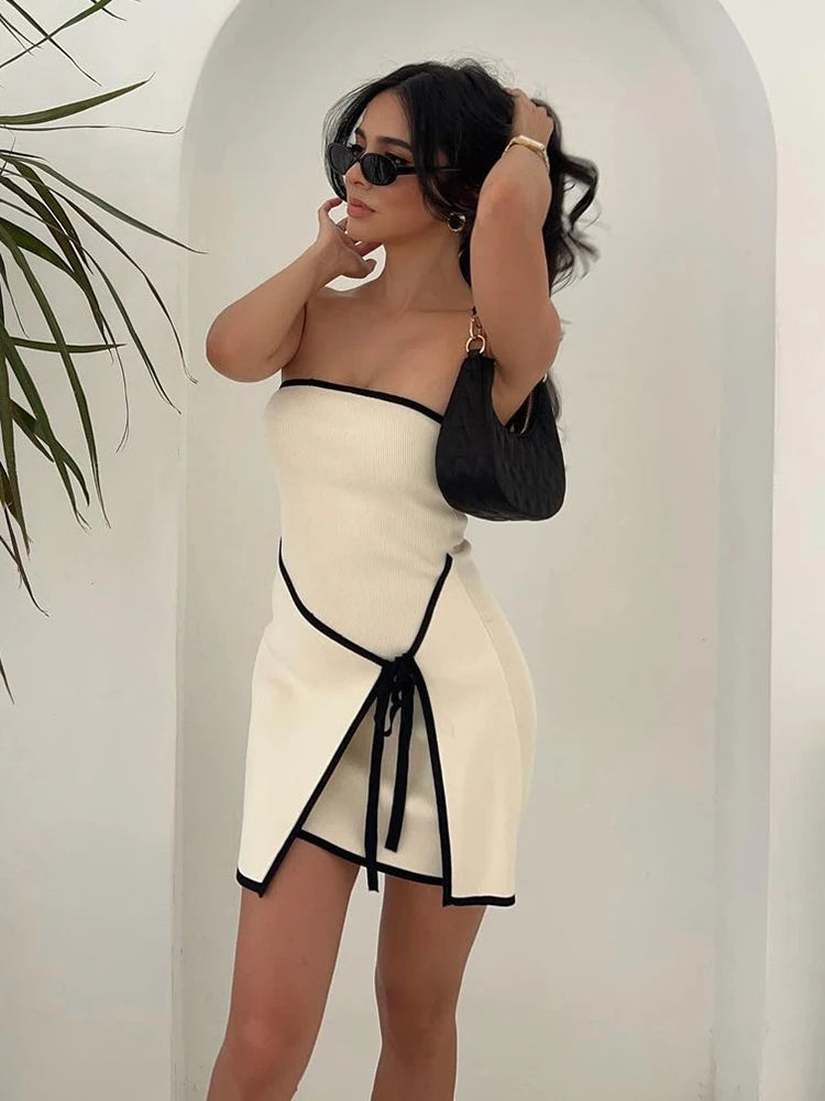 Vestido tubo ajustado de punto a la moda para mujer, minivestido sin mangas con empalme de color en contraste, sexy y elegante para vacaciones en la playa.