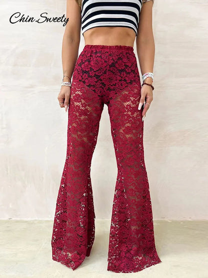 Sexy Lace Sheer Flare Pant Women Hollow Out Lady Vacation Long Trousers Female 2025 Spring Elastic High Waist Streetwear New