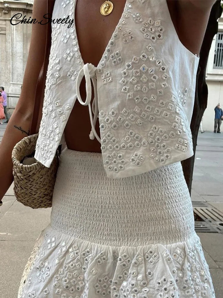 Conjunto de 2 piezas de faldas de moda para mujer, con abalorios, encaje, chaleco corto, cintura alta, falda plisada, traje 2025, nuevo conjunto a juego para mujer.