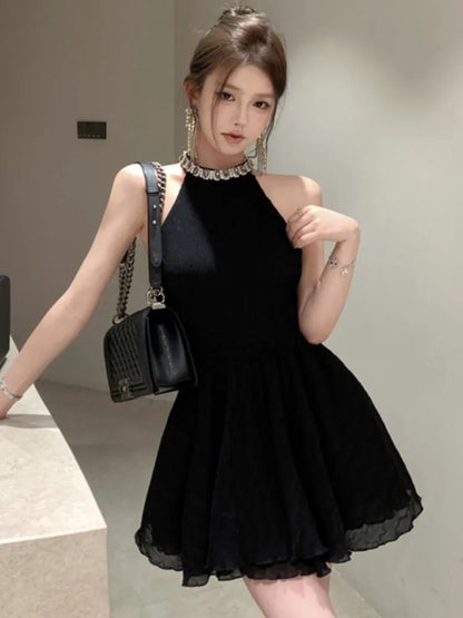 Elegante vestido negro con cuello halter para mujer, novedad de verano, sin espalda, con volantes, corte en A, vestido coreano para fiesta de cumpleaños, graduación, vestidos cortos para mujer