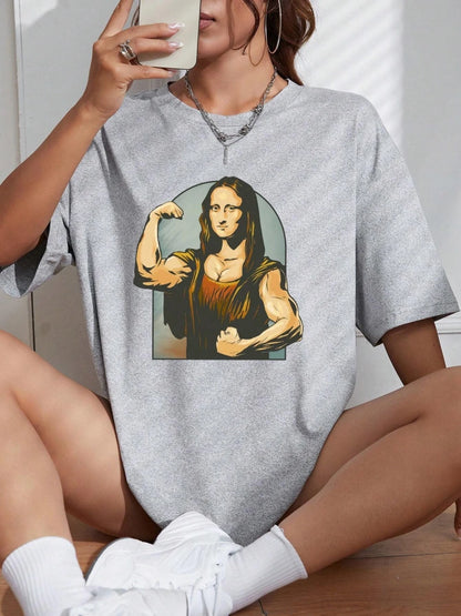 Camiseta holgada informal de algodón de manga corta con estampado de "Haciendo bromas a la Mona Lisa" para mujer