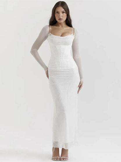 Elegante vestido maxi sexy de manga larga transparente para mujer, vestido largo sexy de malla sin tirantes y espalda descubierta para fiesta en club, nuevo