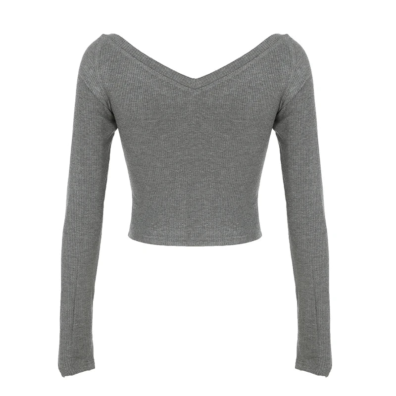 Camiseta gris ajustada Y2k con cuello en V para mujer, estampado básico gótico, oscuro, sexy, manga larga, top corto, otoño, nuevo
