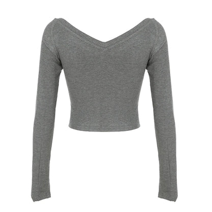 Camiseta gris ajustada Y2k con cuello en V para mujer, estampado básico gótico, oscuro, sexy, manga larga, top corto, otoño, nuevo