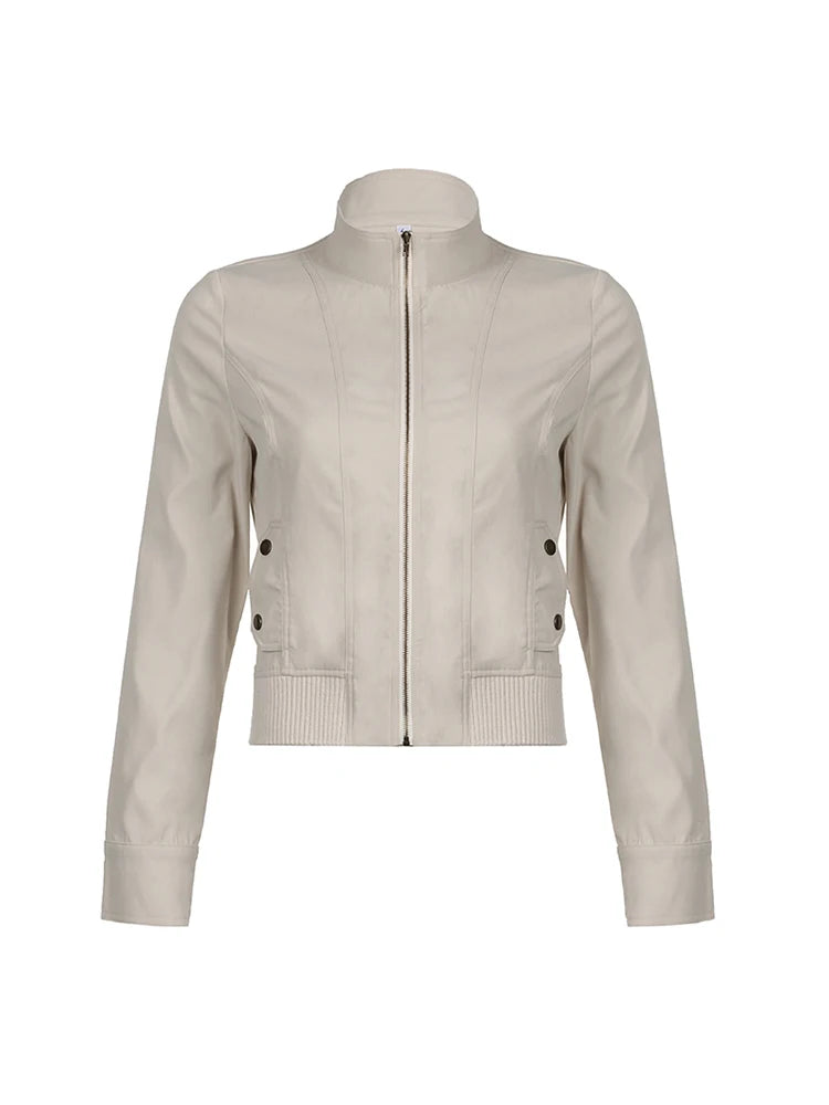 Zip Up Stand Collar Casual Y2K Cargo Jackets Women Spring Autumn Fashion Solid Basic Long Sleeve Street Coats