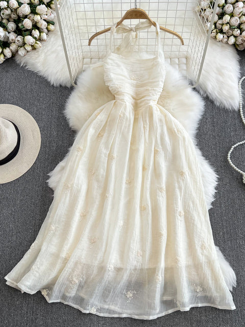 Vestidos sexis de fiesta en la playa para mujer, a la moda, con cuello colgante, sin espalda, ajustados, de corte A, bordados con flores, vestido largo de verano.