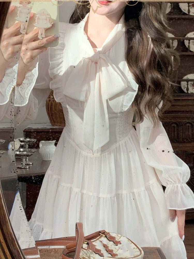 Elegante vestido corto de gasa para mujer, con mangas acampanadas y volantes, corte A, para fiesta de cumpleaños, moda coreana, vestido de una pieza, nuevo