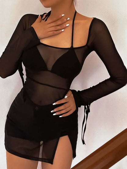 Casual Slim Fit Slightly Sheer Dress For Women Summer Fashion Solid Color Sexy Dress One-Piece Lace-Up Long Sleeve Streetwear