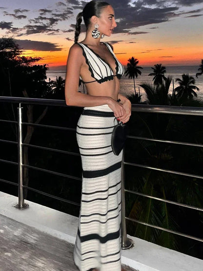 Conjunto de dos piezas de punto a rayas con falda larga y volantes para mujer, cuello en V, informal, para playa, vacaciones, conjuntos de falda larga de punto
