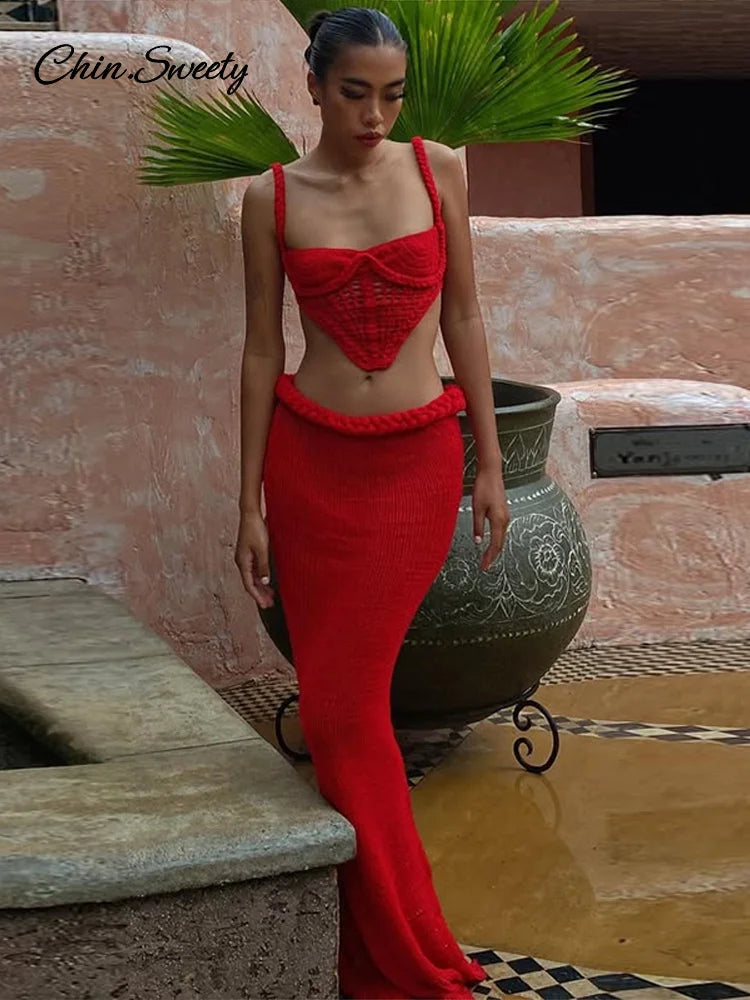 Sexy Bikini Long Skirt Set Women Sleeveless Backless Sling Vest Low Waist Hip Package Skirt 2025 Lady Holiday Beachwear Cover Up