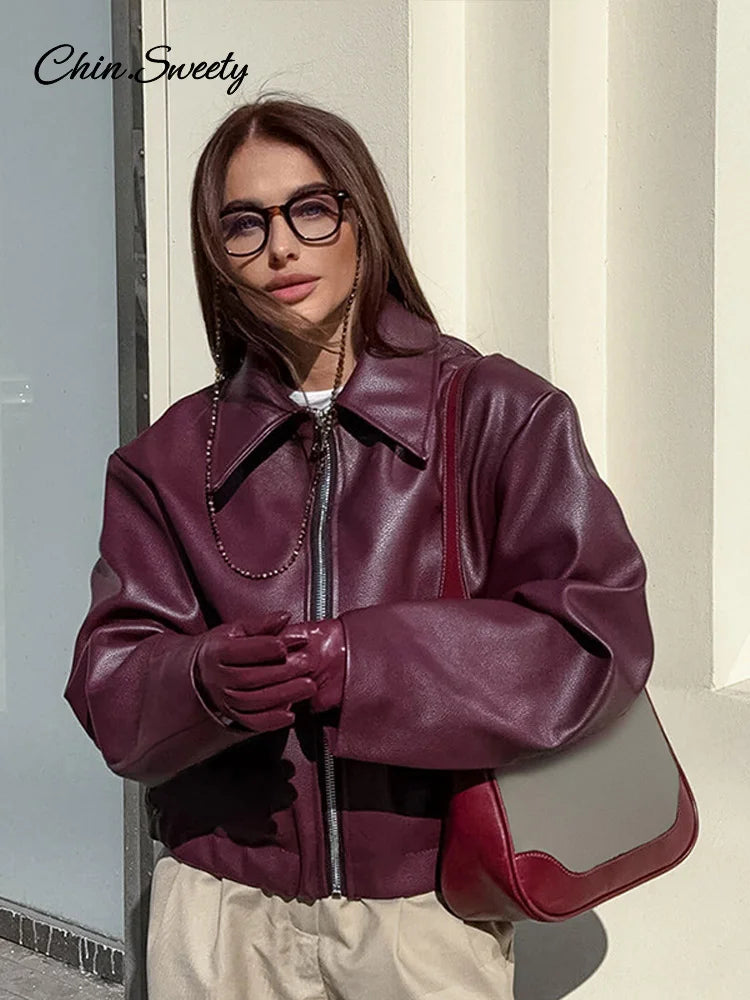 Fashion Lapel Leather Bomber Jacket Women Loose Zipper Long Sleeves Locomotive Coat  Autumn New Lady High Street Outerwear