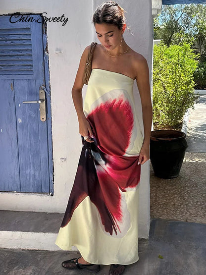 Sexy Floral Printed Strapless Long Dresses Women Loose Off The Shoulder Sleeveless Beach Dress 2025 Summer Lady Vacation Robes