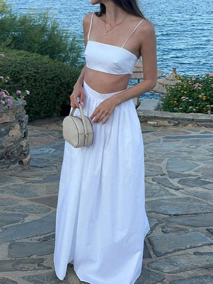 Conjunto de falda larga y camisa de tubo sexy para mujer, camisetas cortas sin mangas retro, conjuntos de faldas plisadas de cintura alta, para vacaciones en la playa