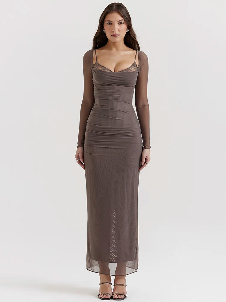 Elegante vestido maxi sexy de manga larga transparente para mujer, vestido largo sexy de malla sin tirantes y espalda descubierta para fiesta en club, nuevo