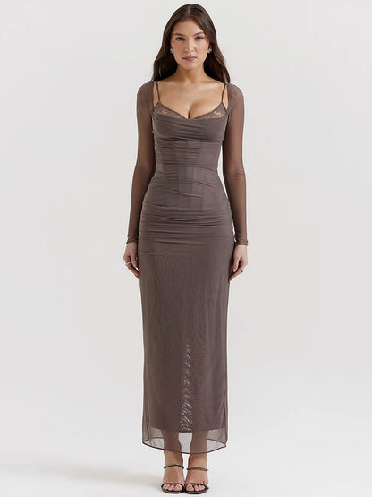 Elegante vestido maxi sexy de manga larga transparente para mujer, vestido largo sexy de malla sin tirantes y espalda descubierta para fiesta en club, nuevo