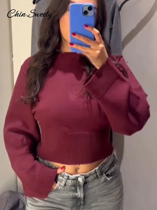 Suéter vintage liso con cuello redondo para mujer, jersey holgado informal de manga larga, ropa de calle de alta gama para mujer 2025