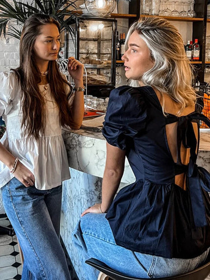 Camisas vintage con mangas abullonadas y cordones para mujer, camisa elegante lisa sin espalda con cuello cuadrado, blusas de calle de moda dulce de verano para mujer