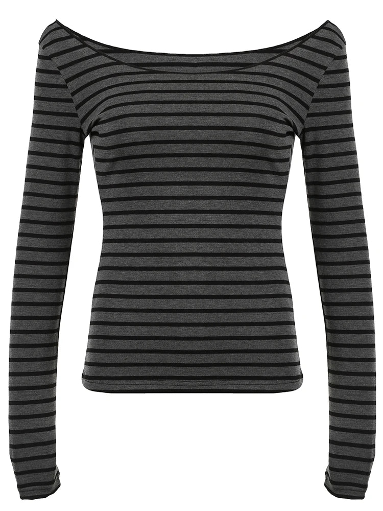 Camiseta básica japonesa ajustada de manga larga a rayas con hombros descubiertos y cuello redondo, estilo callejero coreano, camiseta gris Y2K para primavera y otoño para mujer