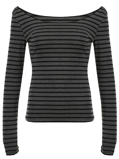 Camiseta básica japonesa ajustada de manga larga a rayas con hombros descubiertos y cuello redondo, estilo callejero coreano, camiseta gris Y2K para primavera y otoño para mujer