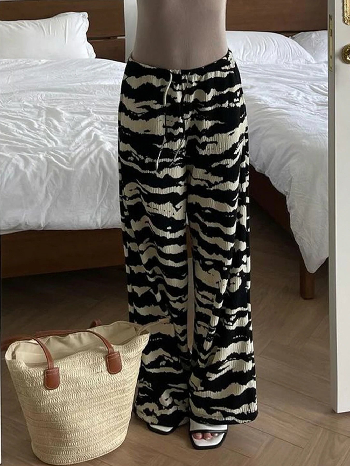Pantalones rectos de punto con rayas de cebra para mujer, con cordón ajustable, cintura elástica, holgados e informales, conjuntos bohemios para vacaciones.