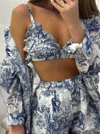 Retro Ink Shirt Three-piece Shorts Suit Women’s Summer Casual Long Sleeve Button Print Fashion Shirt with Shorts Suit