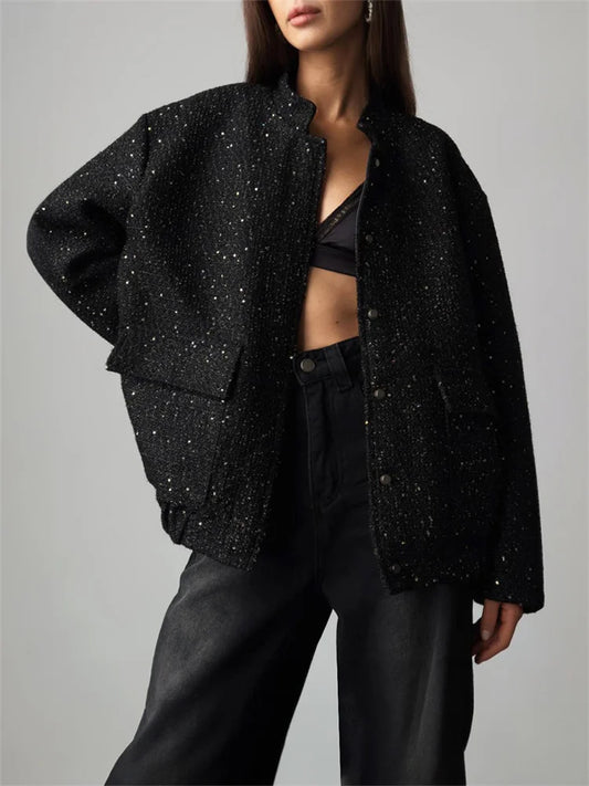 Chaqueta de lentejuelas negras de moda para mujer, holgada, de retazos, de cintura alta, de manga larga, estilo urbano, abrigo liso con purpurina para mujer, nueva