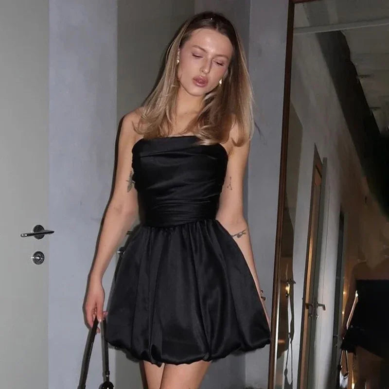 Sexy One-Shoulder Strapless Dress Women’s Ruched A Hem Mini Dress Bodycon Solid Party Evening Dresses Ladies Summer