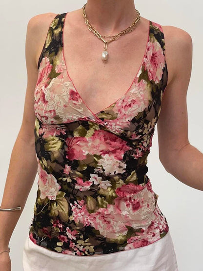 Sweetown - Camiseta sin mangas con estampado floral colorido y romántico francés de encaje, cuello en V, ajustada, elegante, sexy, estilo bohemio para vacaciones de verano para mujer