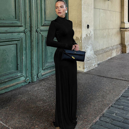 Vestido largo de cuello alto y manga larga para mujer, vestido de otoño e invierno, nuevo, liso, sexy, largo hasta el suelo.
