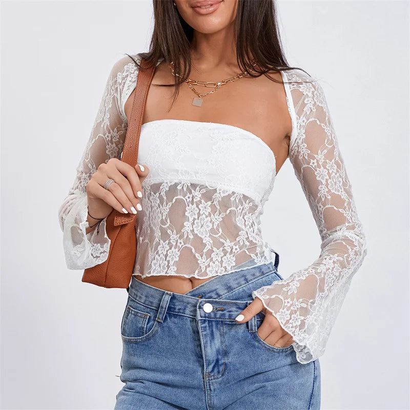 Top de tubo con bolero para mujer, sexy, transparente, sin tirantes, bandeau, chaleco y manga larga, ropa de encaje para fiesta y club.