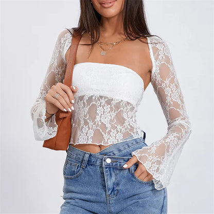 Top de tubo con bolero para mujer, sexy, transparente, sin tirantes, bandeau, chaleco y manga larga, ropa de encaje para fiesta y club.