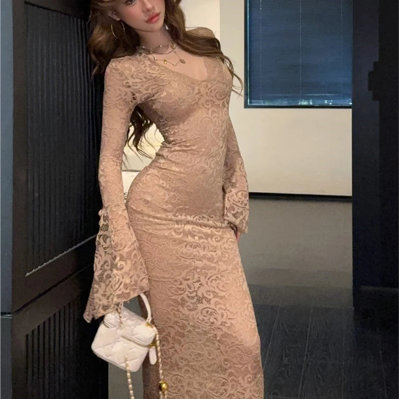 Vestidos largos de encaje ajustados y sexys para mujer, con escote en V y mangas acampanadas, vestido de sirena ajustado para fiesta de noche, club, graduación, vestidos para mujer