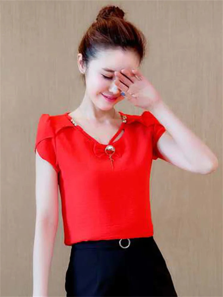 Blusa de gasa para mujer, blusa de verano de manga corta, blusas para mujer, blusas de talla grande, camiseta para mujer DF2584