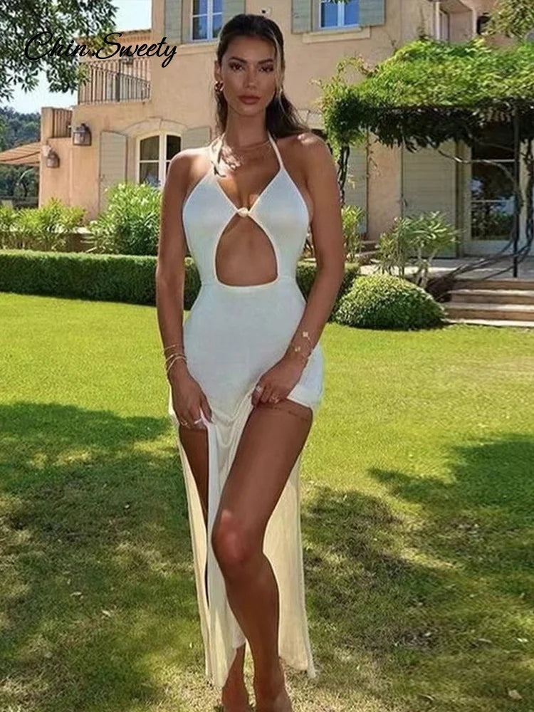 Women Knit Halter Maxi Dress Backless Lace Up V Neck Cutout Bodycon Long Dresses 2025 Summer Vacation Party Holiday Robes New
