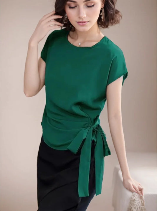 Blusas de estilo primavera-verano para mujer, camisas informales con cuello redondo, manga corta y lazo decorativo