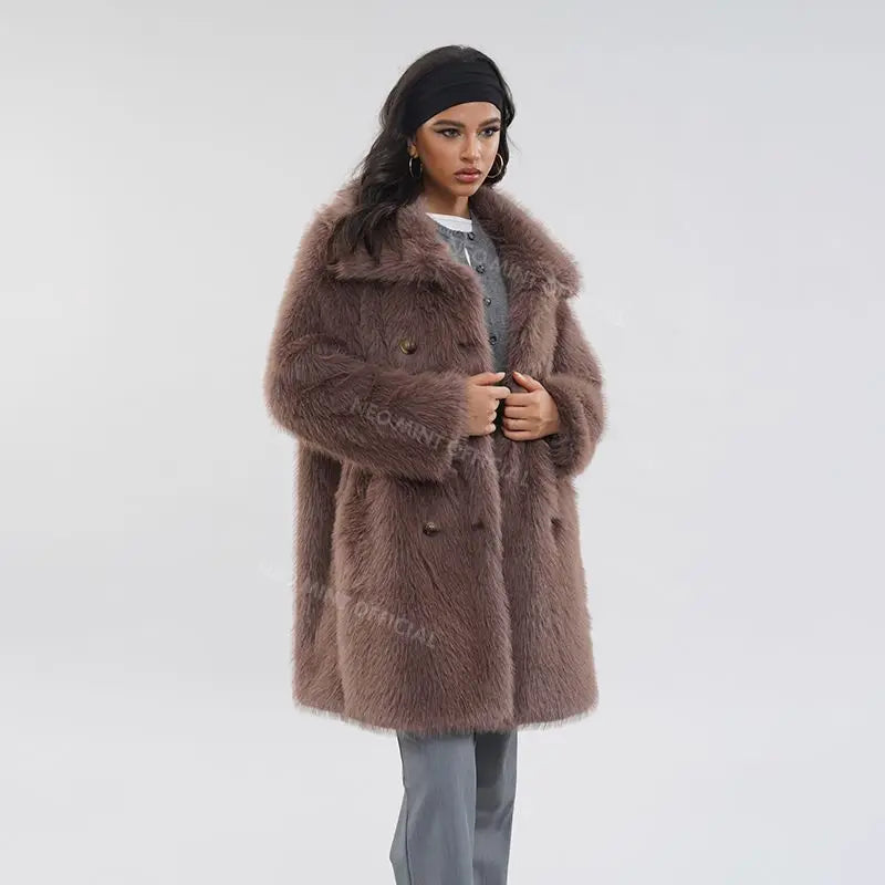 Abrigo de piel sintética largo y esponjoso con cinturón de marca de lujo para mujer, chaqueta gruesa y cálida con solapa y cuello de piel de zorro para invierno