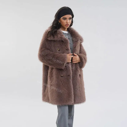 Abrigo de piel sintética largo y esponjoso con cinturón de marca de lujo para mujer, chaqueta gruesa y cálida con solapa y cuello de piel de zorro para invierno