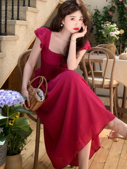 Elegante vestido midi vintage para mujer, novedad de verano, cuello cuadrado, cintura alta, vestido de fiesta de princesa, vestido informal de corte A para mujer