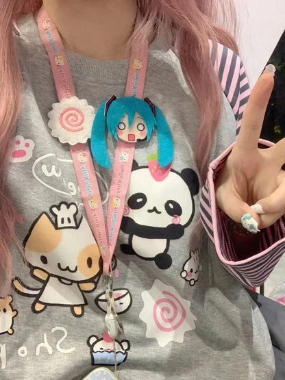 Camiseta de rayas Harajuku para mujer, camisetas con gráficos de panda chino kawaii, ropa de manga raglán de dibujos animados Cutecore para otoño