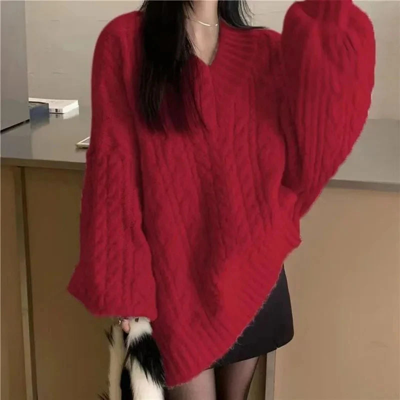 Suéter de otoño e invierno para mujer, estilo Harajuku, de punto de gran tamaño, estilo coreano, de manga larga y cuello en V, de punto, liso, holgado.