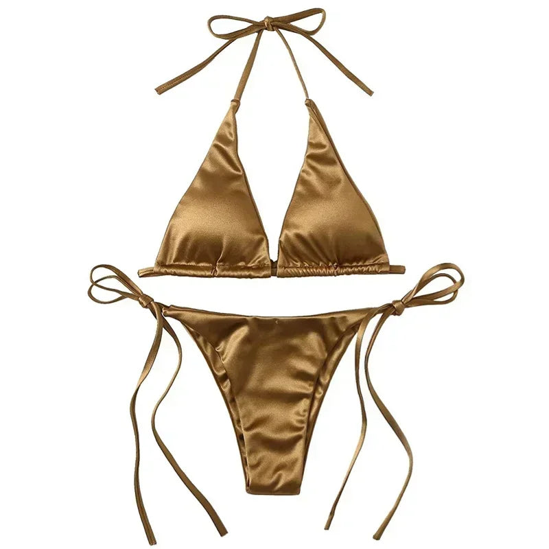 Sexy Women’s Metallic Halter Top Two Piece Swimsuit Tie Side Triangle Bikini Summer Solid Bathing Suit Beachwear Bikini Set