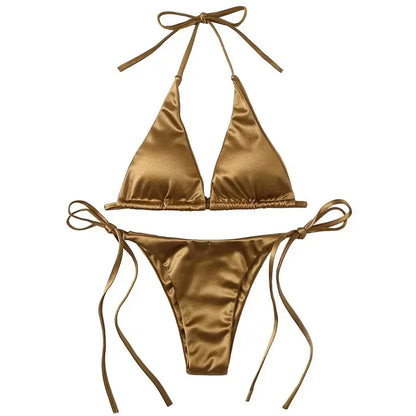 Sexy Women’s Metallic Halter Top Two Piece Swimsuit Tie Side Triangle Bikini Summer Solid Bathing Suit Beachwear Bikini Set