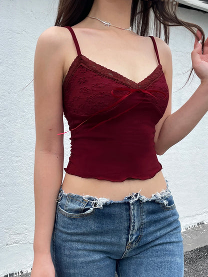 Camisola elegante vintage roja navideña con ribete de encaje y cuello en V con lazo sin mangas, top corto ajustado y bonito para mujer, ropa de calle Y2K