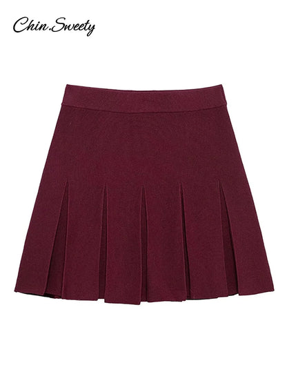 _ Women Skirts 2 Piece Set Burgundy Knitted Lapel Long Sleeve Button Cardigans Pleat High Waist A-line Skirt 2025 Lady Outfits
