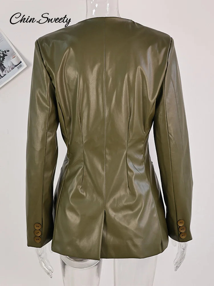 Chaqueta de cuero para mujer, estilo urbano, verde, con pliegues, escote en V, un botón, manga larga, bolsillos, abrigo hasta la cintura, primavera 2025, estilo urbano Y2K.